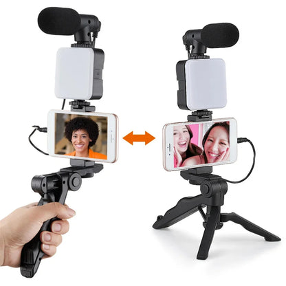 Kit de vlogging pour smartphone avec trépied, support de téléphone, mini microphone et éclairage LED pour TikTok et YouTube. Idéal pour les diffusions en direct et les vidéos YouTube.