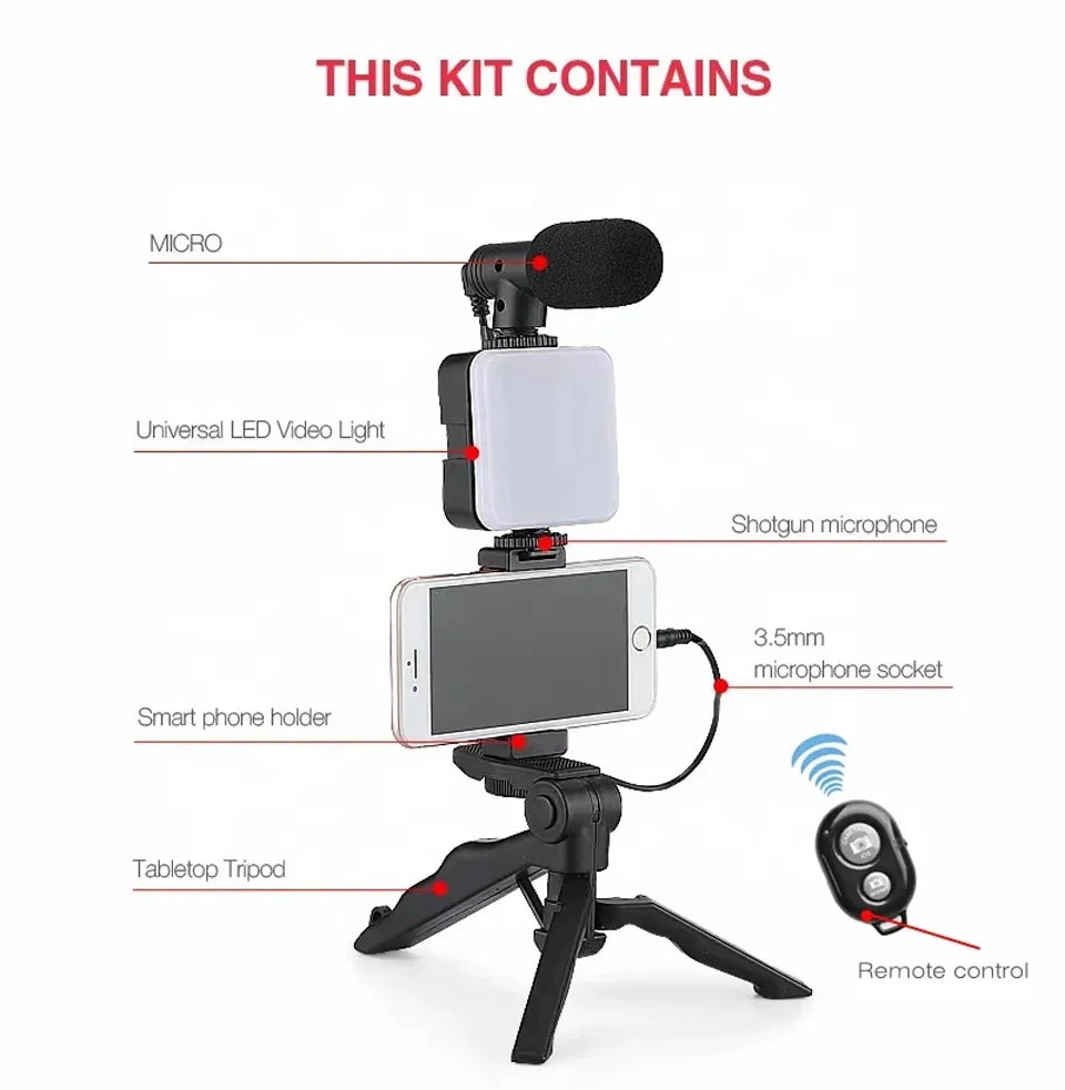 Kit de vlogging pour smartphone avec trépied, support de téléphone, mini microphone et éclairage LED pour TikTok et YouTube. Idéal pour les diffusions en direct et les vidéos YouTube.