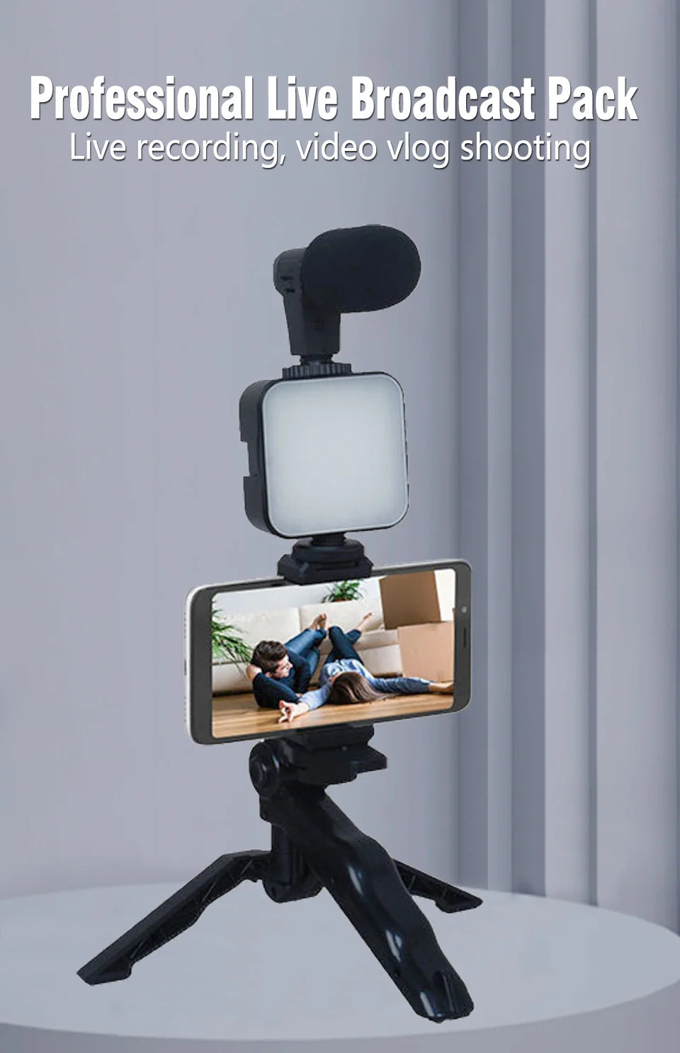 Kit de vlogging pour smartphone avec trépied, support de téléphone, mini microphone et éclairage LED pour TikTok et YouTube. Idéal pour les diffusions en direct et les vidéos YouTube.