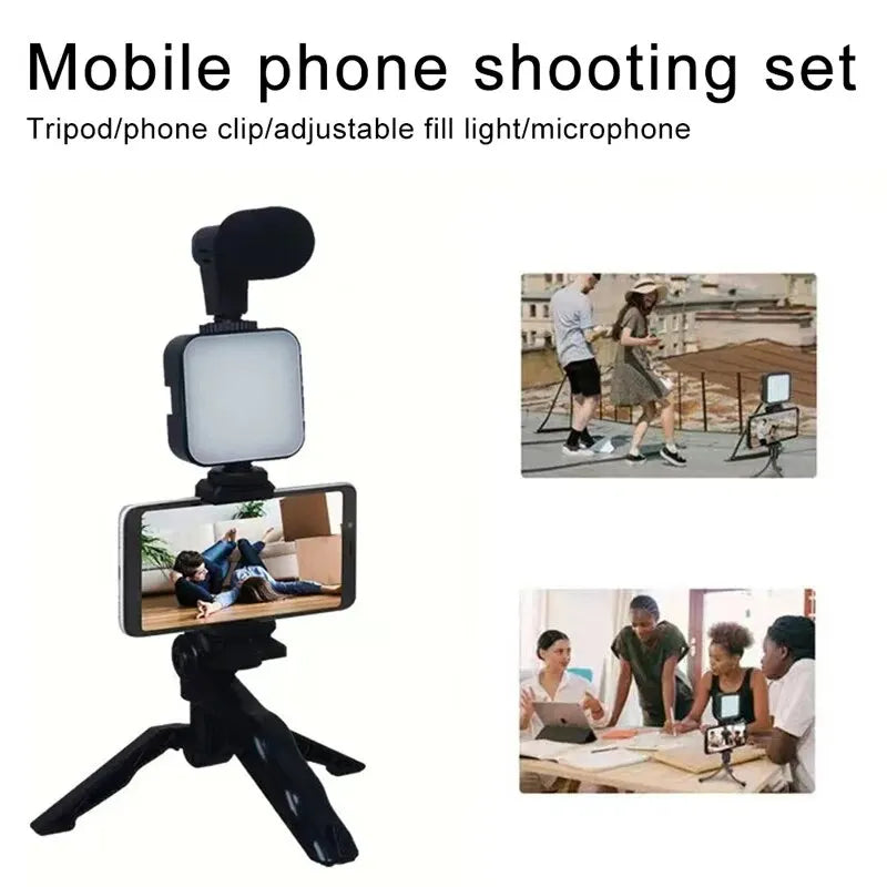 Kit de vlogging pour smartphone avec trépied, support de téléphone, mini microphone et éclairage LED pour TikTok et YouTube. Idéal pour les diffusions en direct et les vidéos YouTube.