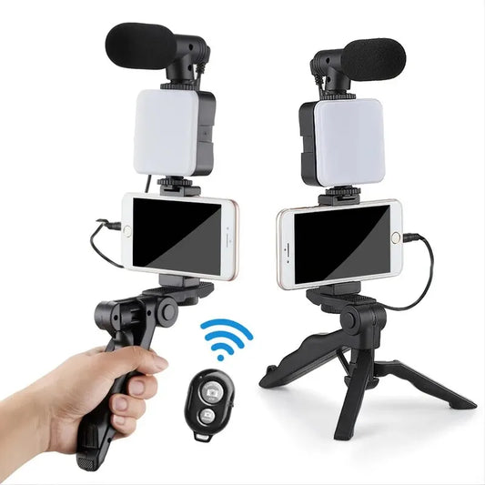 Kit de vlogging pour smartphone avec trépied, support de téléphone, mini microphone et éclairage LED pour TikTok et YouTube. Idéal pour les diffusions en direct et les vidéos YouTube.